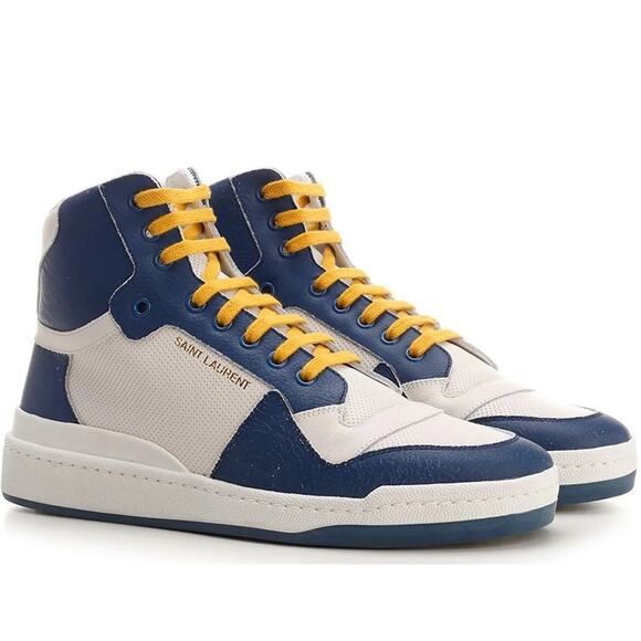 Saint Laurent Sl24 Colorblock Lace Up High Top Sneakers White/Navy Size 38 / 7.5 - Picture 1 of 11